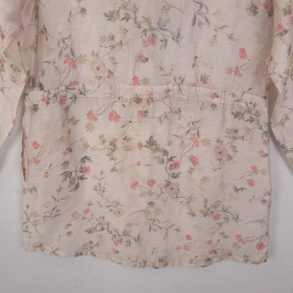 J Jill Top Tunic Sz S Floral Linen Blend Drawstring Waist Coastal Vocation Sheer - Picture 11 of 14